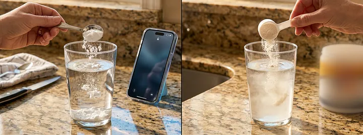 A spoonful of powder being stirred into a glass of water on a kitchen counter